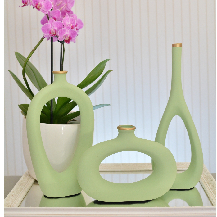 Kit 3 Peças Vaso Cerâmica Enfeite Rack Sala Conjunto Completo Decorativa Trio Casa Centro Mesa Dupla