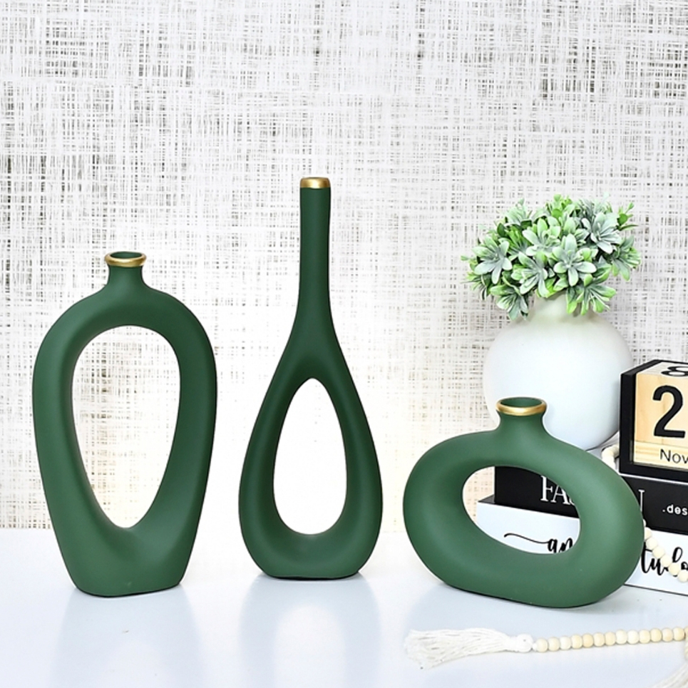 Enfeite 3 Peças Decorativo Kit Vaso Cerâmica Rack Sala Conjunto Completo Trio Casa Centro Mesa Dupla