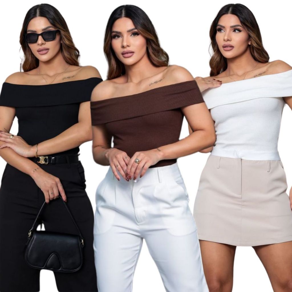 Kit com 3 Blusa Tomara Que Caia Ombro Ribana Algodão