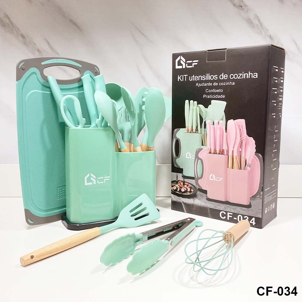 Kit 19 Peças Jogo de Utensílios Para Cozinha em Silicone Com Cabo de Madeira Completo