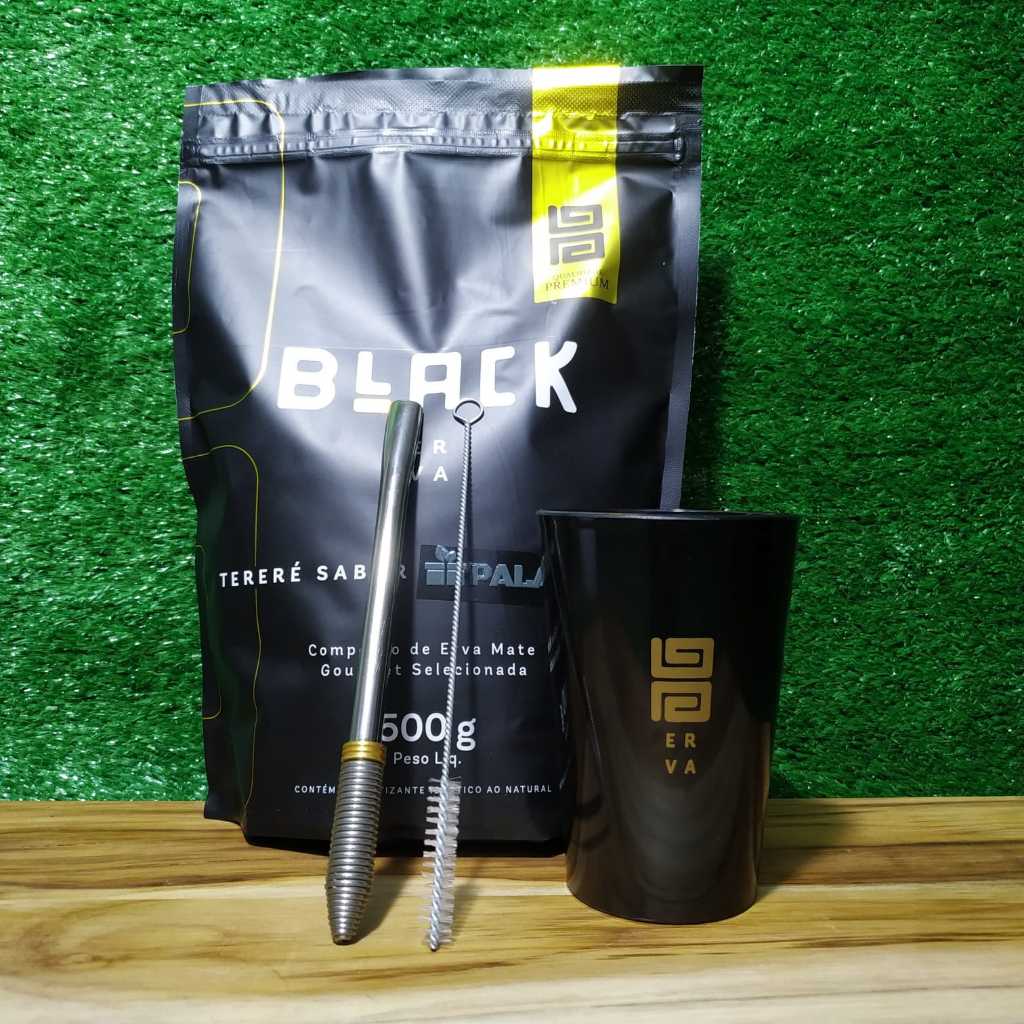 Kit Terere: Copo Acrílico Black Erva + Bomba Inox Mola Cônica Polida + Erva Mate Black Erva 500g