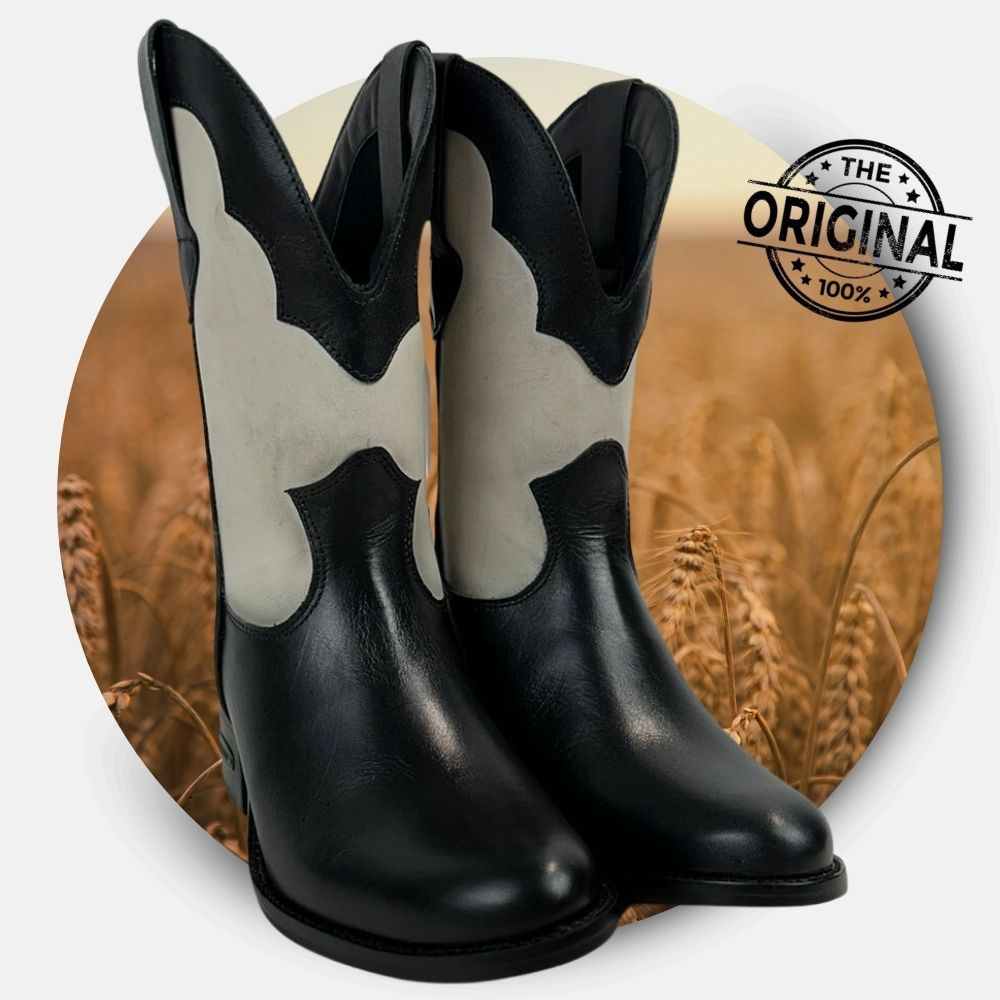 Bota Feminina Texana Capelli Boots Cano Médio Country Couro Preto E Branco Bico Redondo