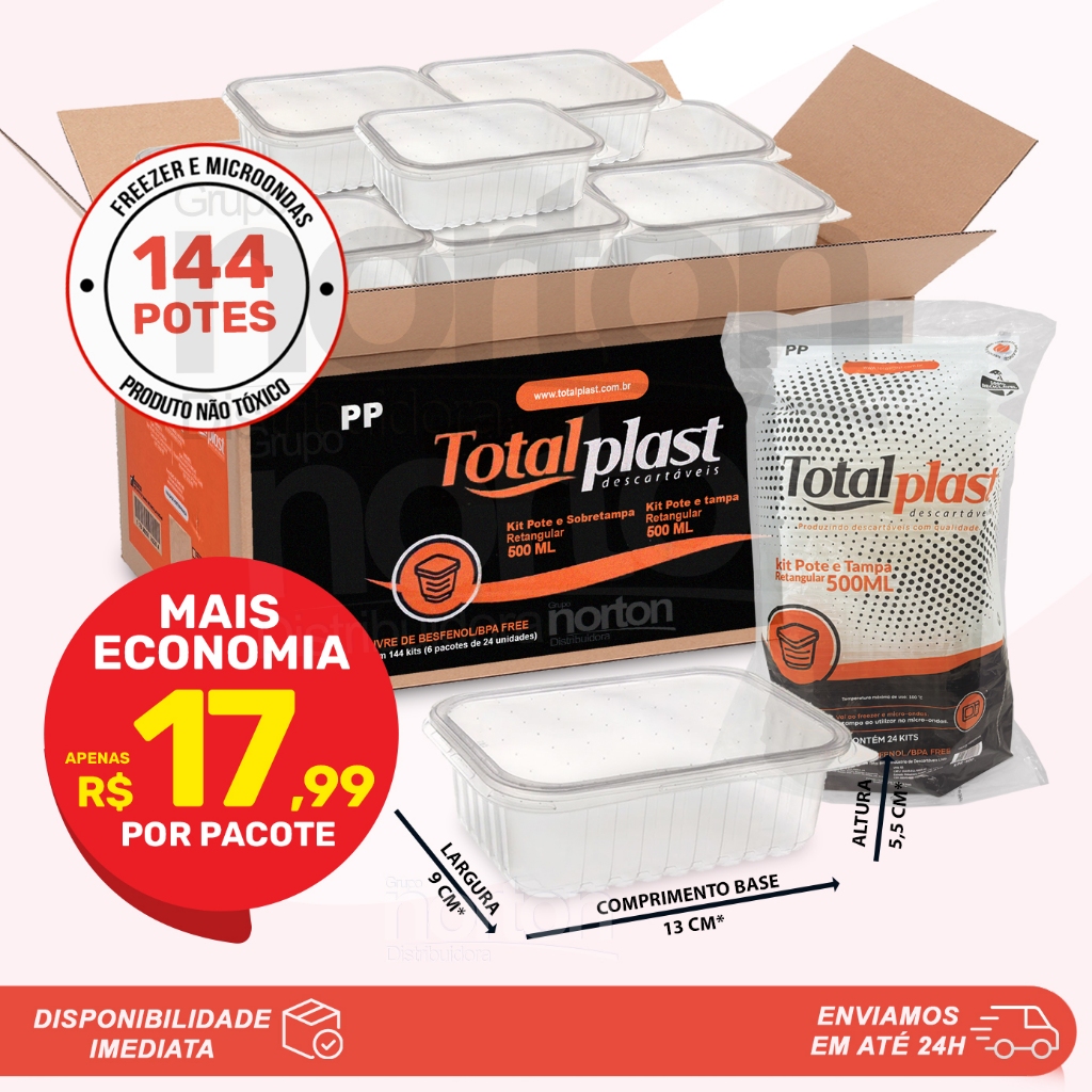 144 Potes 500ml Retangulares Descartáveis Com Tampa Para Freezer e Microondas Totalplast em Oferta na Shopee