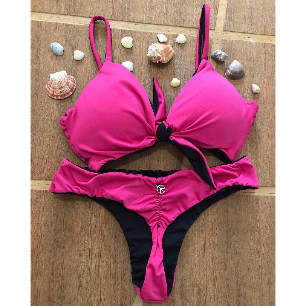 Biquíni nó com calcinha semi fio empina bumbum dupla face rosa pink com preto