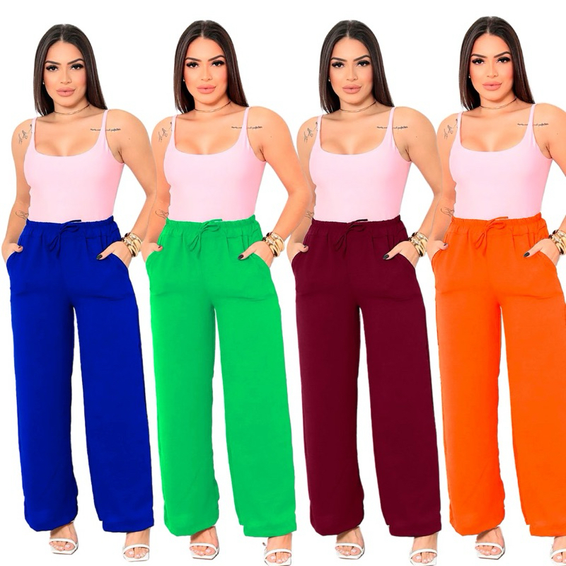 Calça Pantalona Tecido Duna Com Bolso Cintura Alta Elastico na Cintura