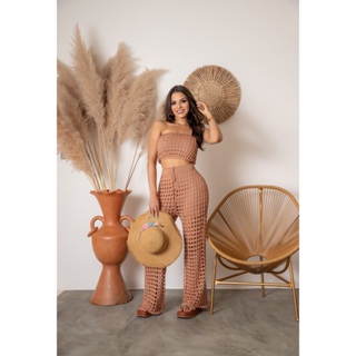 Conjunto Saída De Praia Calça Pantalona E Cropped Tricot Verão em Oferta na Shopee
