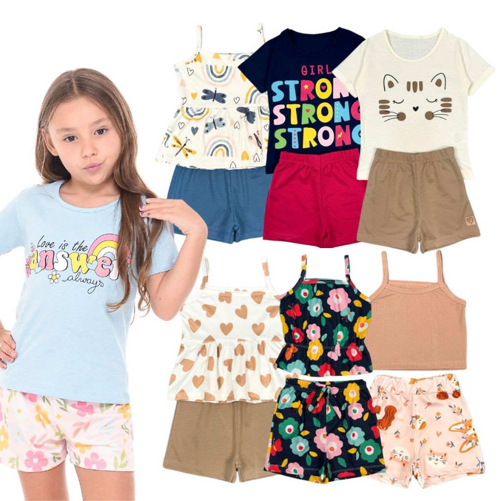Kit Sortidos 10 peças de Roupas Infantil Menina 5 Blusas +5 Shorts Blogueirinha