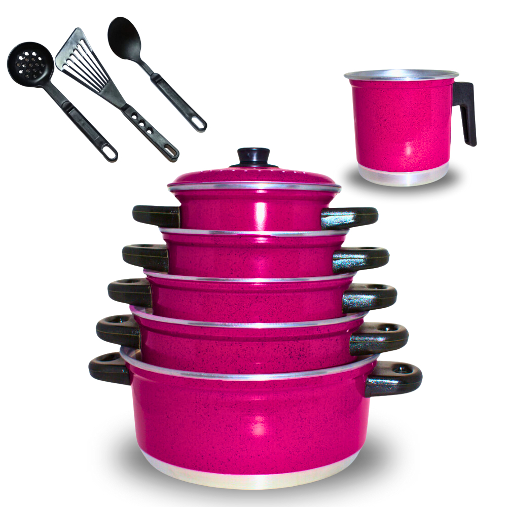 Jogo de Panelas Tampa Aluminio Rosa 9 Peças + Caneco e Kit Espátulas