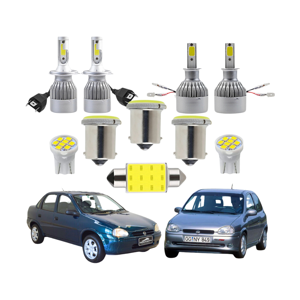 Kit (Teto Ré Placa Farolete Farol Alto Baixo Milha ) Chevrolet Corsa Wind Hatch Sedan 1995 1996 1997 1998 1999 2000 2001 2002 2003 2004 2005 2006 2007 2008 2009 2010 Lâmpada Super Led Ultra Led t10 pingo pinguinho pingão torpedo trava 1156 1 polo Neeblina