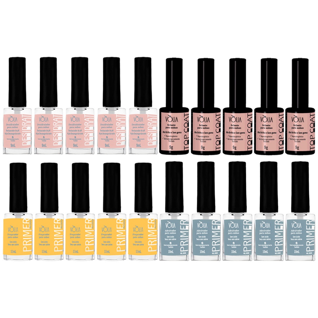 Atacado Preparadores Vólia ( Top Coat Primer Ácido Primer Adesivador Desidratador - 5 Unidades Cada)