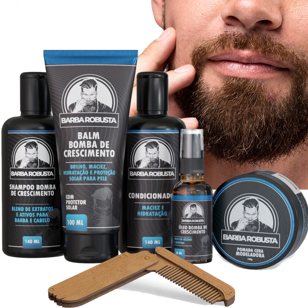 kit Barba Robusta Shampoo, Condicionador, Balm, Óleo, Cera, Pente