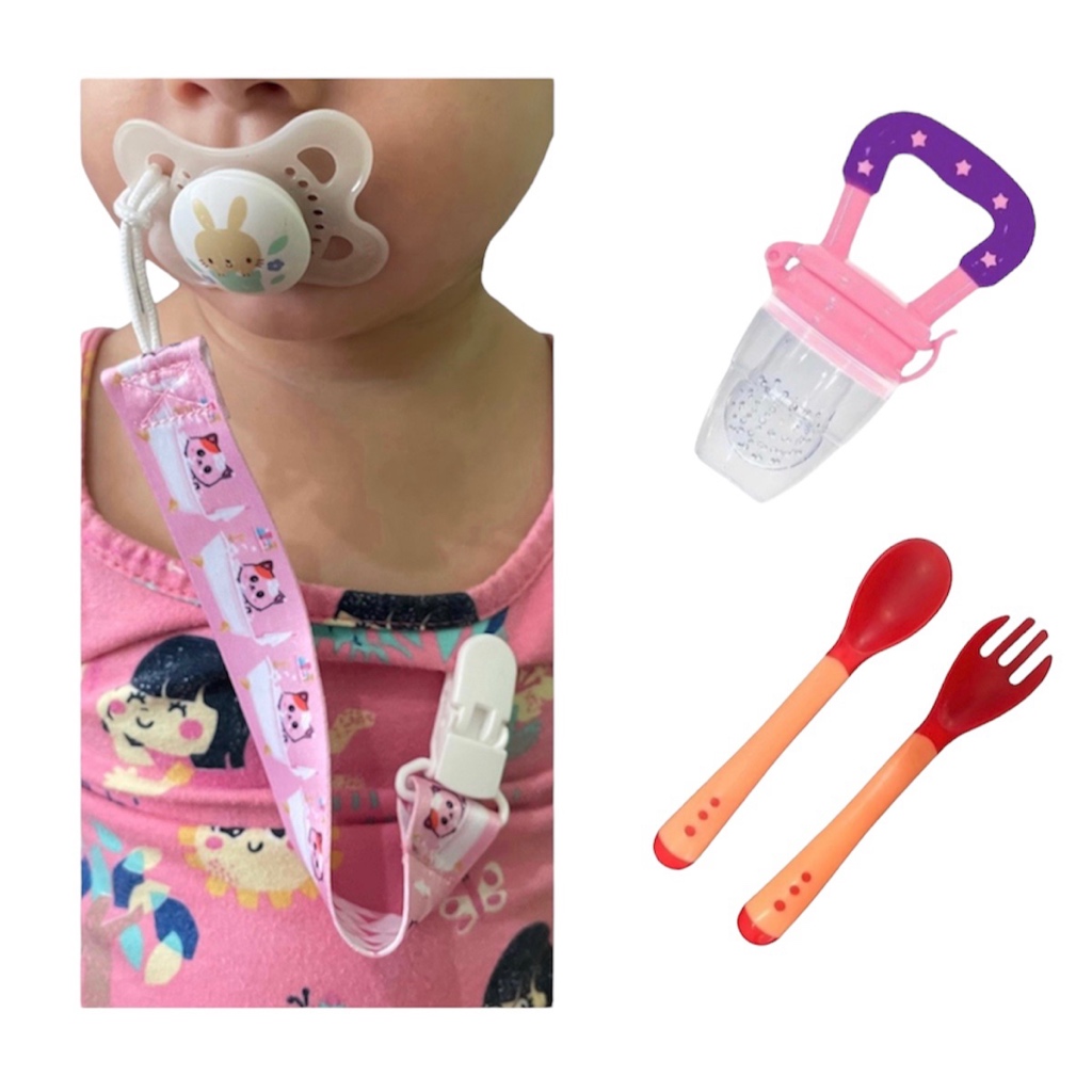 Kit Alimentação para Bebe Talher Colher Garfo Termossensivel + Prendedor de Chupeta Porta Fruta