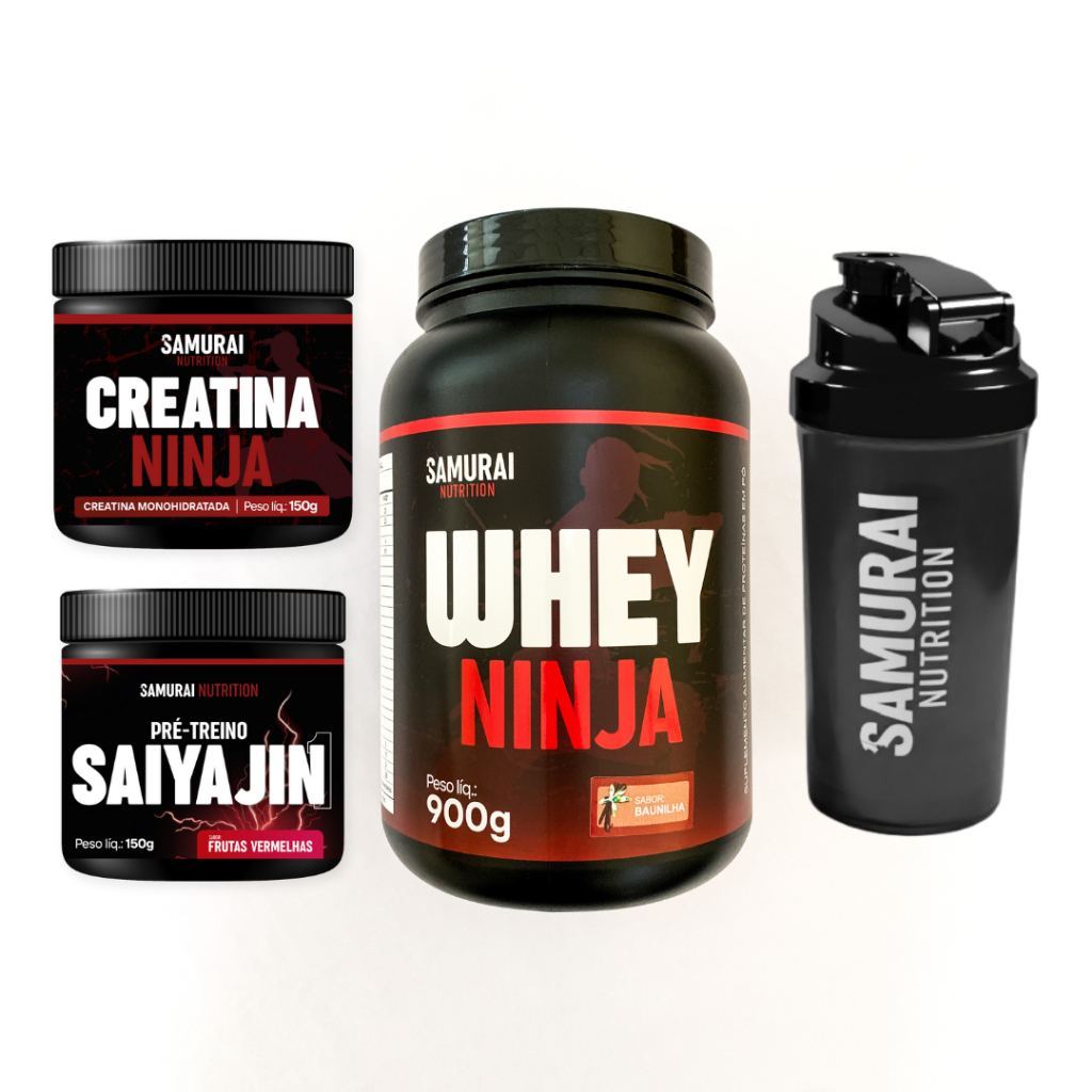 Kit Whey 900g Pote + Creatina + Pré Treino Saiyjn 150g + Coqueteleira 600ml Samurai Nutrition em Oferta na Shopee