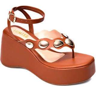 Sandália Feminina Lumiss Tachas Fivela Plataforma Anabela Confortável Caramelo em Oferta na Shopee