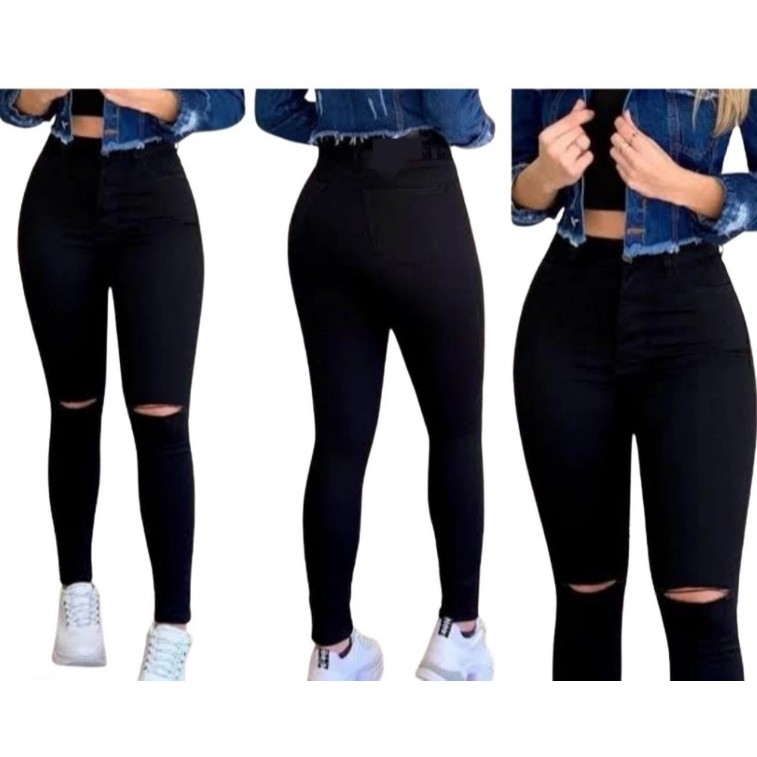 Calça jeans Feminina com lycra Cintura Alta Efeito Empina BumBum Promoção Preta Lisa em Oferta na Shopee