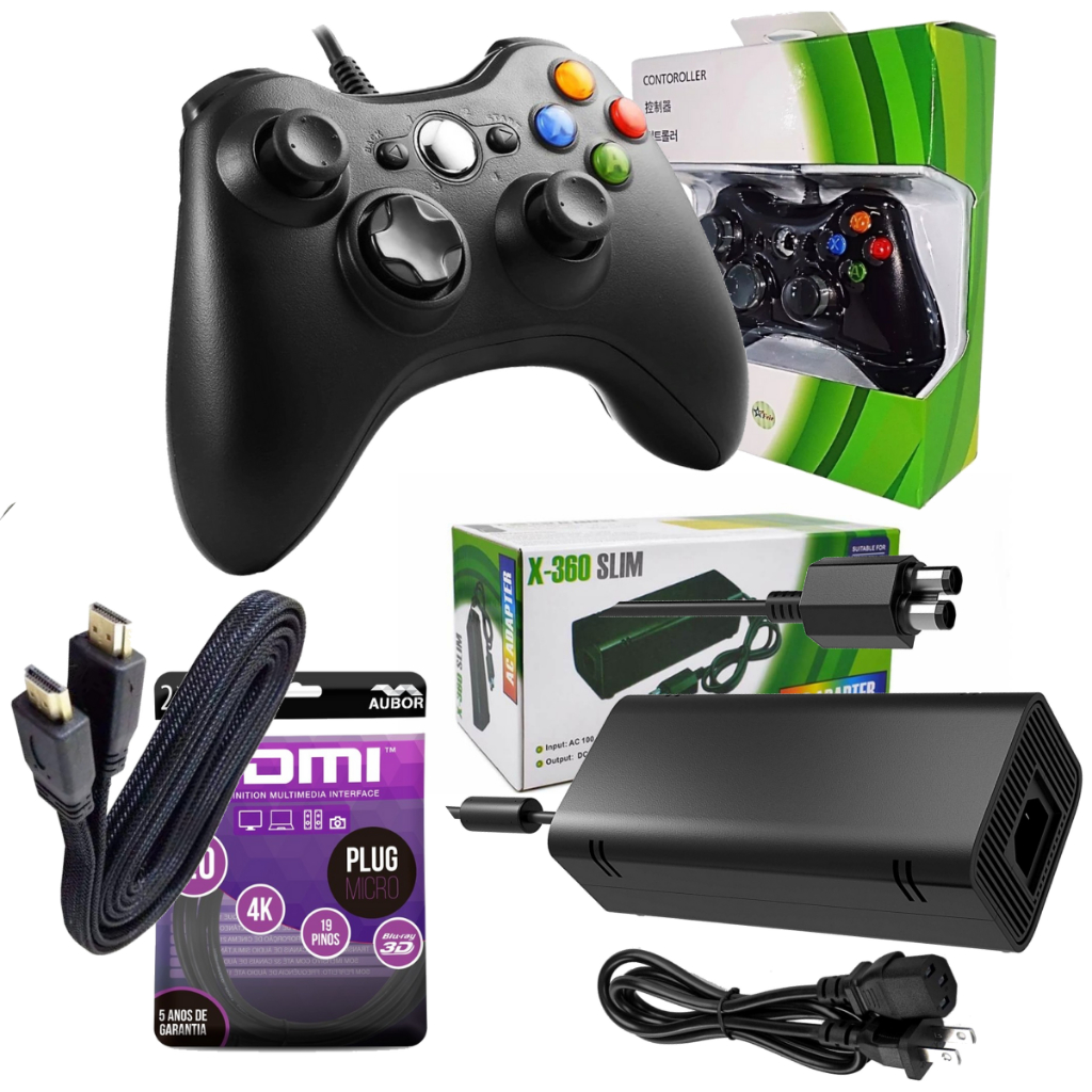 Kit Fonte XBox 360 Bivolt Modelo Slim + Controle + Hdmi 4K Acessórios Para Video Game Xbox 360