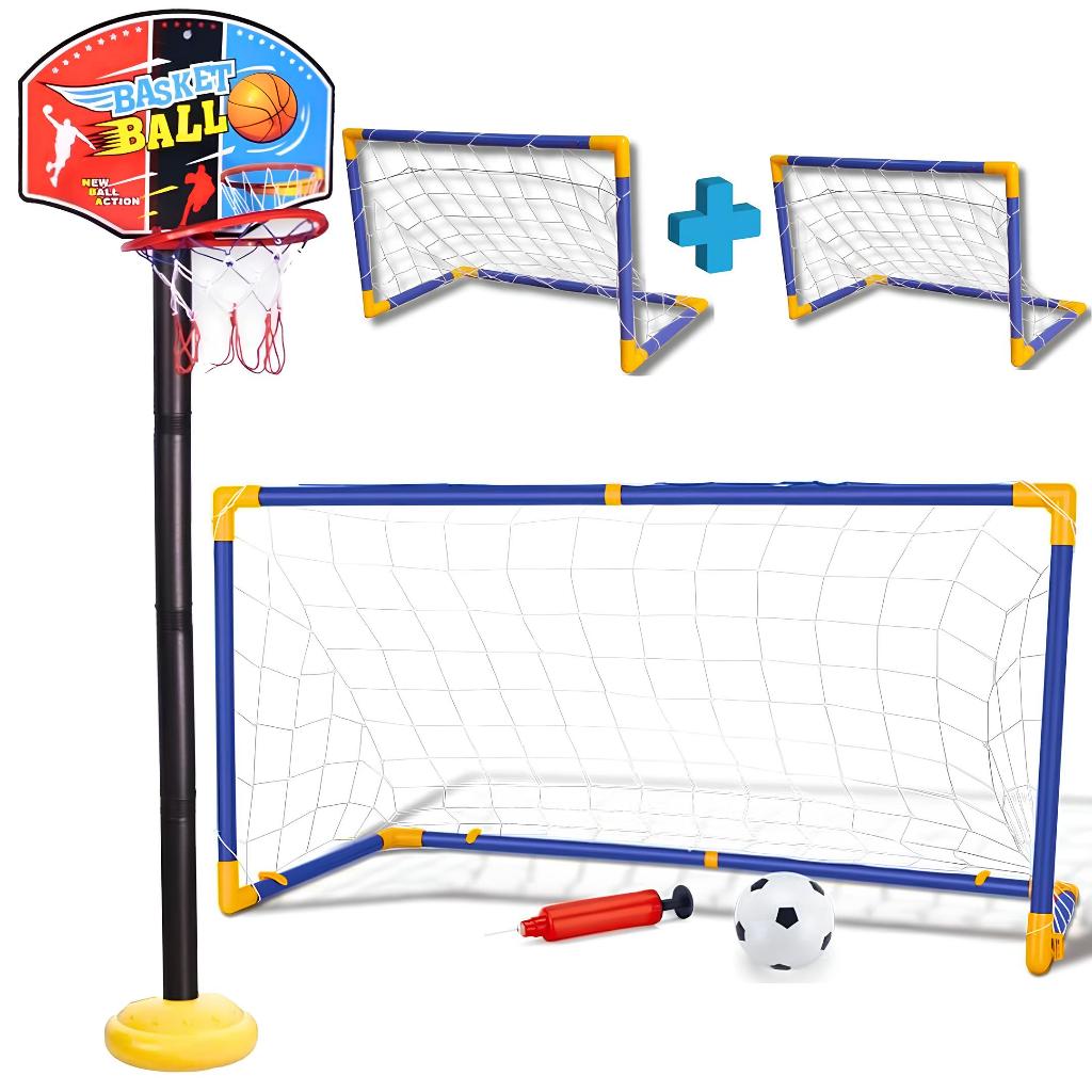 Kit Basquete Infantil Tabela Cesta + 2 Mini Trave 2 EM 1 Golzinho Futebol