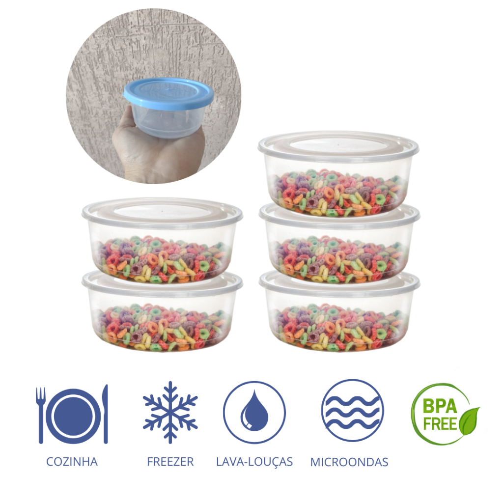 Conjunto Pote Mini Redondo 270ml Plástico Transparente com Tampa BPA FREE Pote Salada Gelatina