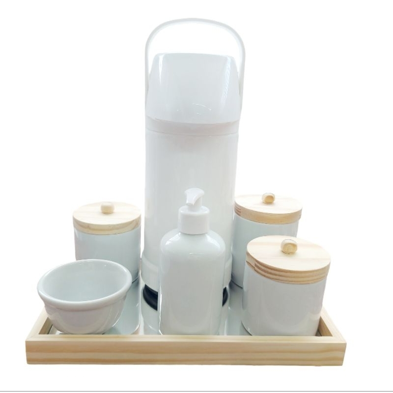 kit Higiene Bebê Porcelana Garrafa Térmica Pump Saboneteira Molhadeira, Potes,Bandeja Espelhada Retangular.