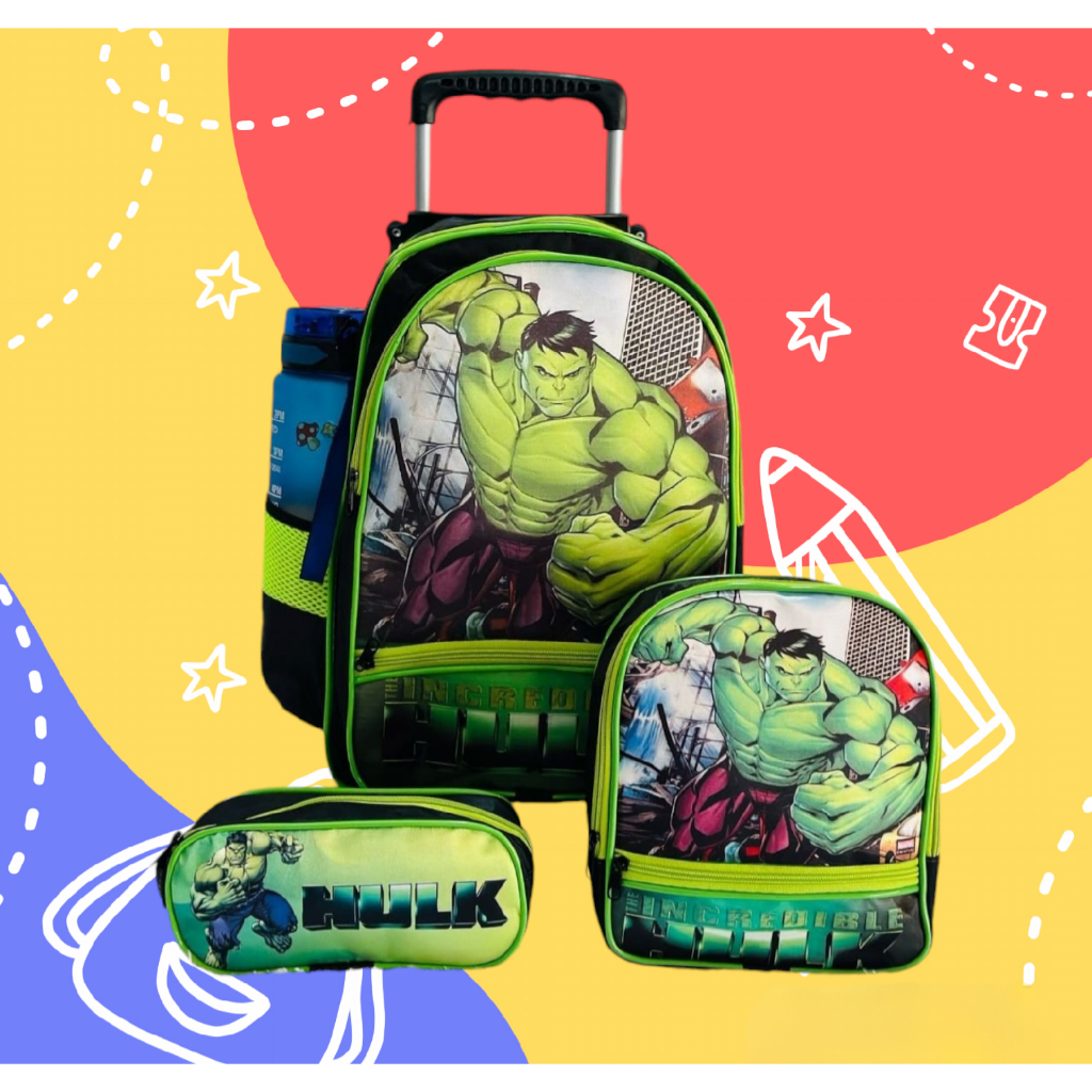 Kit Mochila Escolar Infantil Grande Com Rodinha Hulck em Oferta na Shopee