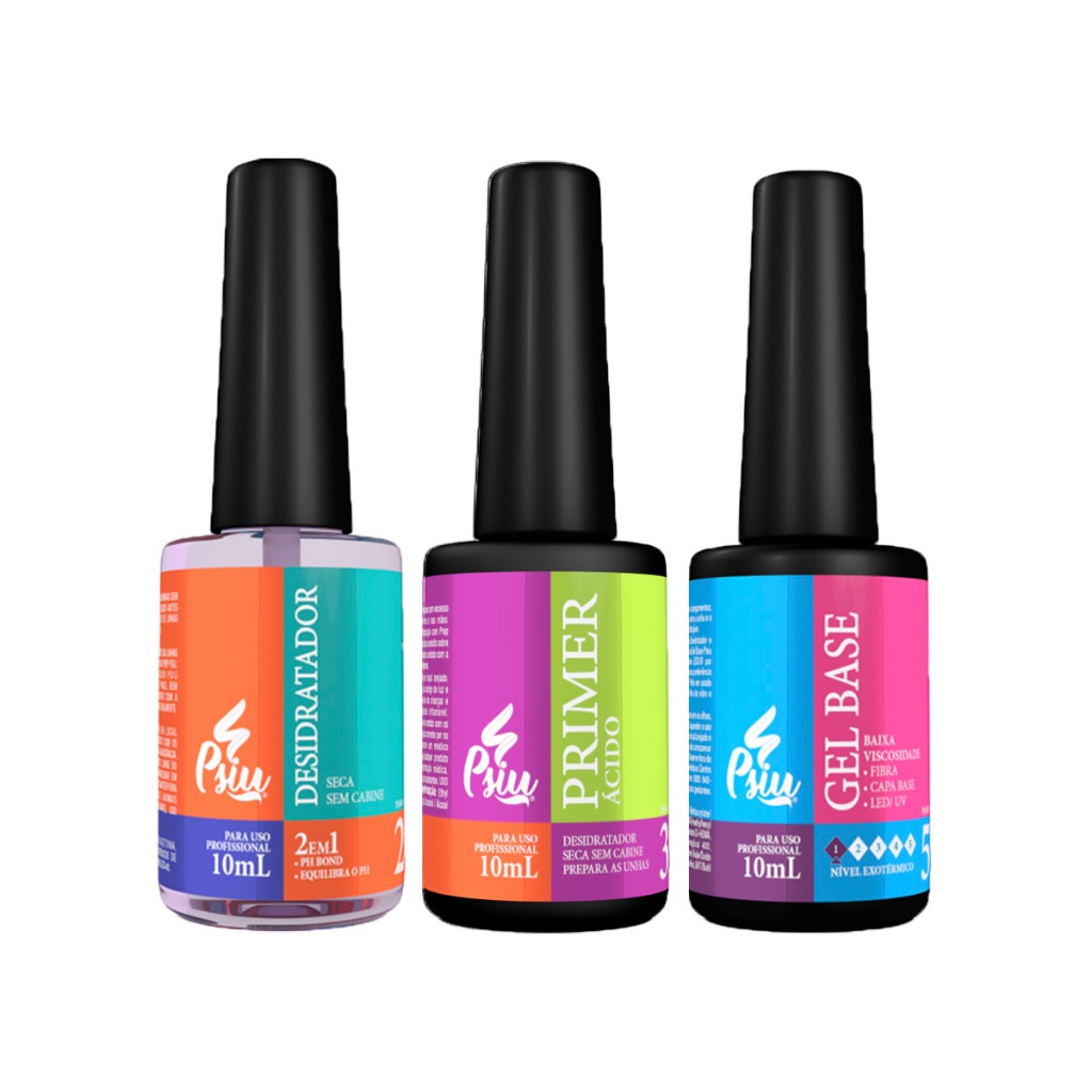 Psiu Kit Desidratador 10ml Primer Ácido 10ml Gel Capa Base 10ml