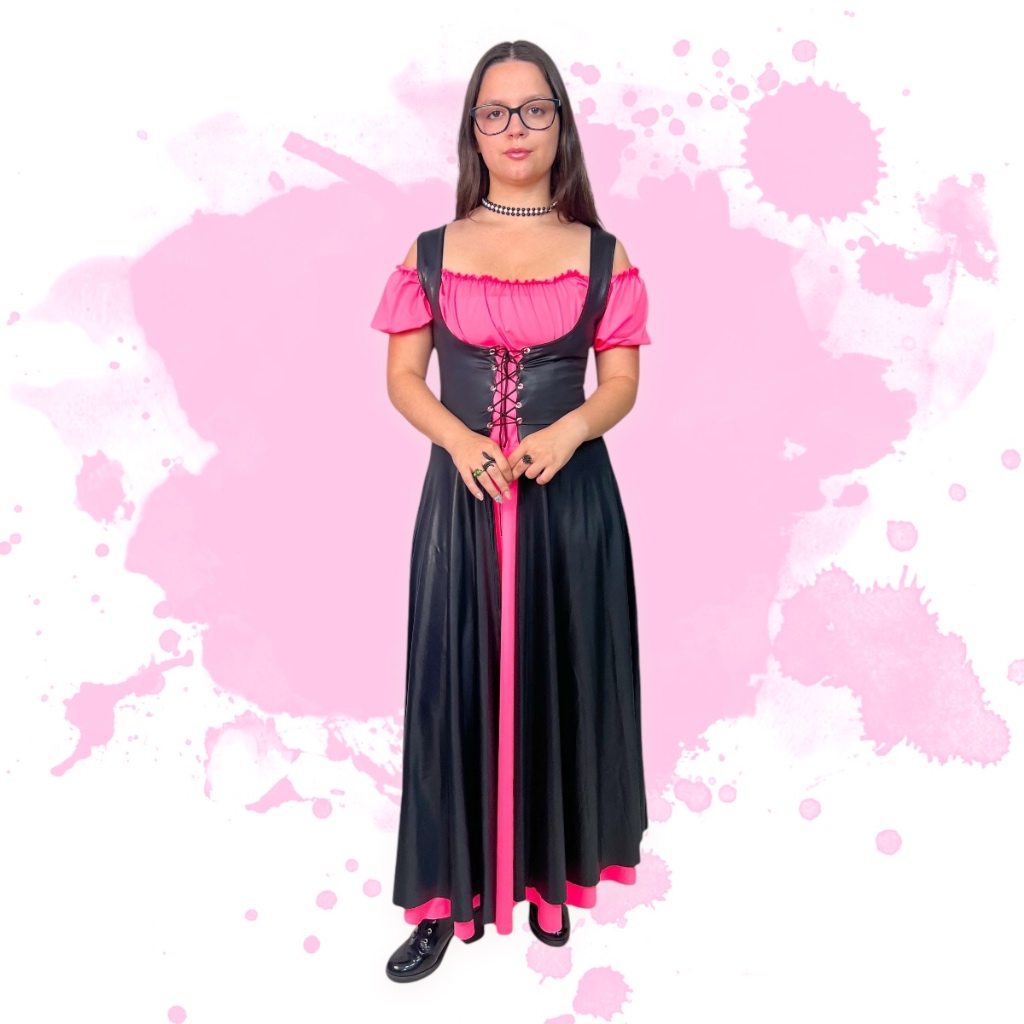 Vestido Camponesa Traje Tipico  Oktoberfest Básico Preto com Rosa Neon By Lovu Plus Size Halloween Celta Germânico