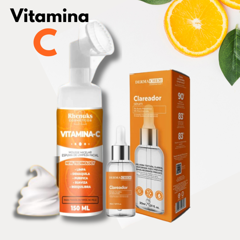 Kit Skincare Mousse Limpeza Facial Vitamina C+Sérum Clareador Dermachem em Oferta na Shopee