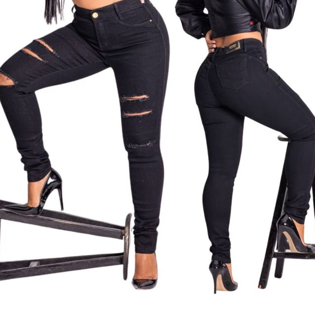 Calça Jeans feminina Preta Rasgada Elastano Com lycra Empina Bumbum Skinny Cintura Alta