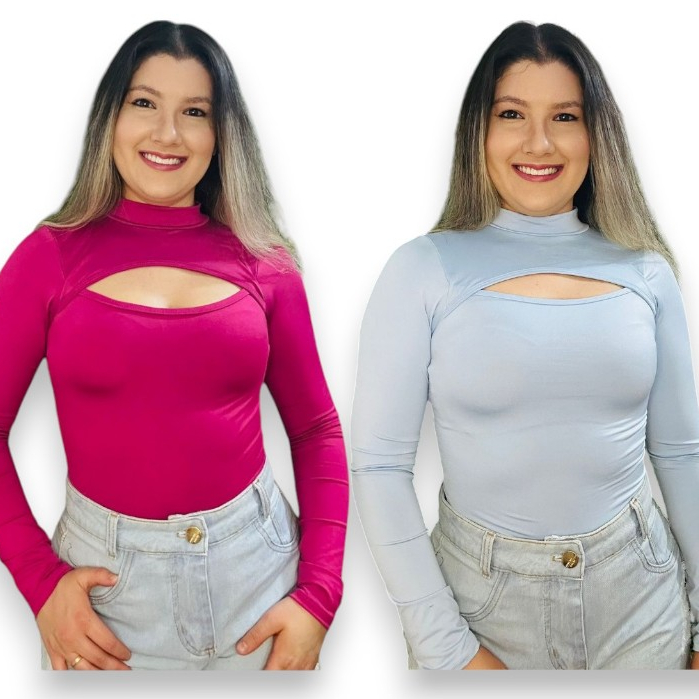 Body Feminino Pirâmide Manga Longa Gola Moda Gringa Básica Casual em Oferta na Shopee