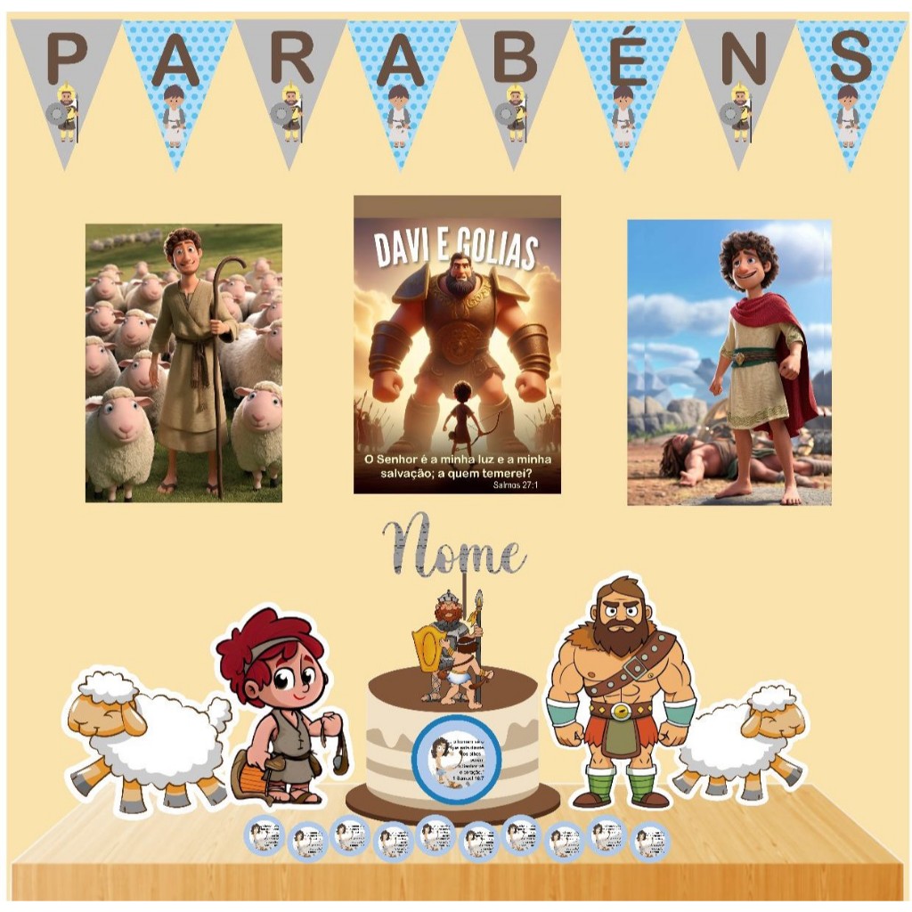 Decoração Tema Bíblico Davi e Golias - Mesversario Davi e Golias