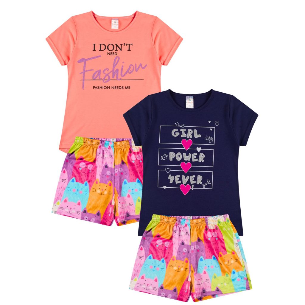 Detalhes do Conjunto Infantil Menina blusa 1 sortida + 1 shorts estampa gato 1 ao 14 Cores e modelos sortidos