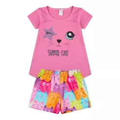 Conjunto Infantil Menina blusa 1 sortida + 1 shorts estampa gato 1 ao 14 Cores e modelos sortidos