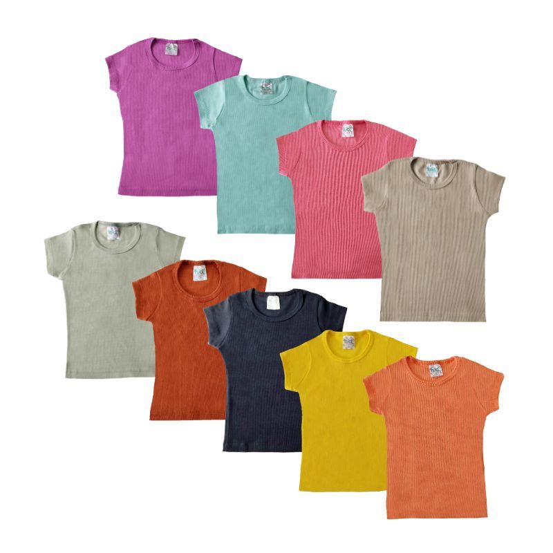 Kit 05 peças Blusa Canelada Infantil Lisa Manga Curta Tamanho 01 ao 10 anos
