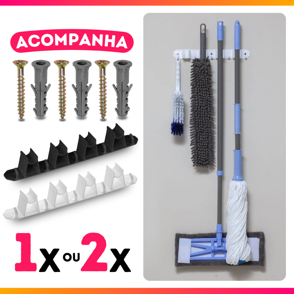 Kit 2 ou Unidade Suporte De Parede Porta Vassouras Completo C/ Parafusos e Buchas Branco ou Preto