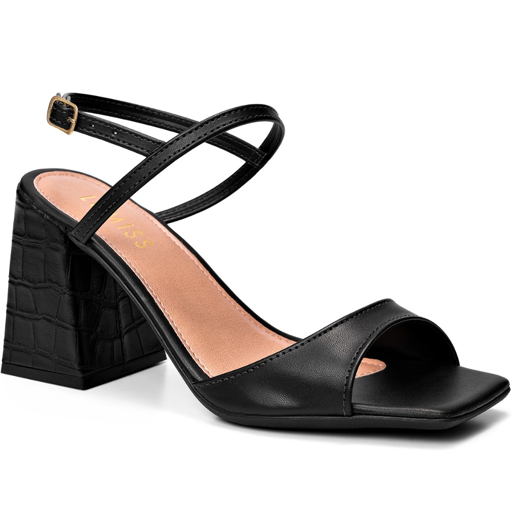 Sandália Feminina Lumiss Bico Quadrado Croco Fivela Salto Alto Grosso Preto em Oferta na Shopee