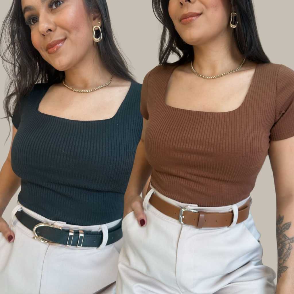 Kit com 2 Blusas Caneladas Feminina Decote Quadrado Manga Curta Tecido Premium Blusinha El...