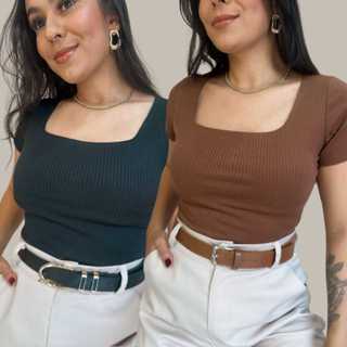 Kit com 2 Blusas Caneladas Feminina Decote Quadrado Manga Curta Tecido Premium Blusinha Elegante Estilosa Dia a Dia em Oferta na Shopee
