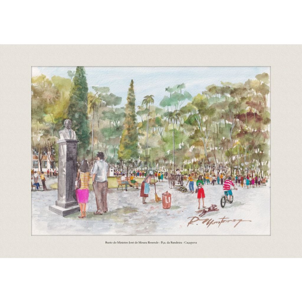 Pintura em Aquarela | Busto do Ministro José de Moura Resende - Praça da Bandeira - Caçapava | A4