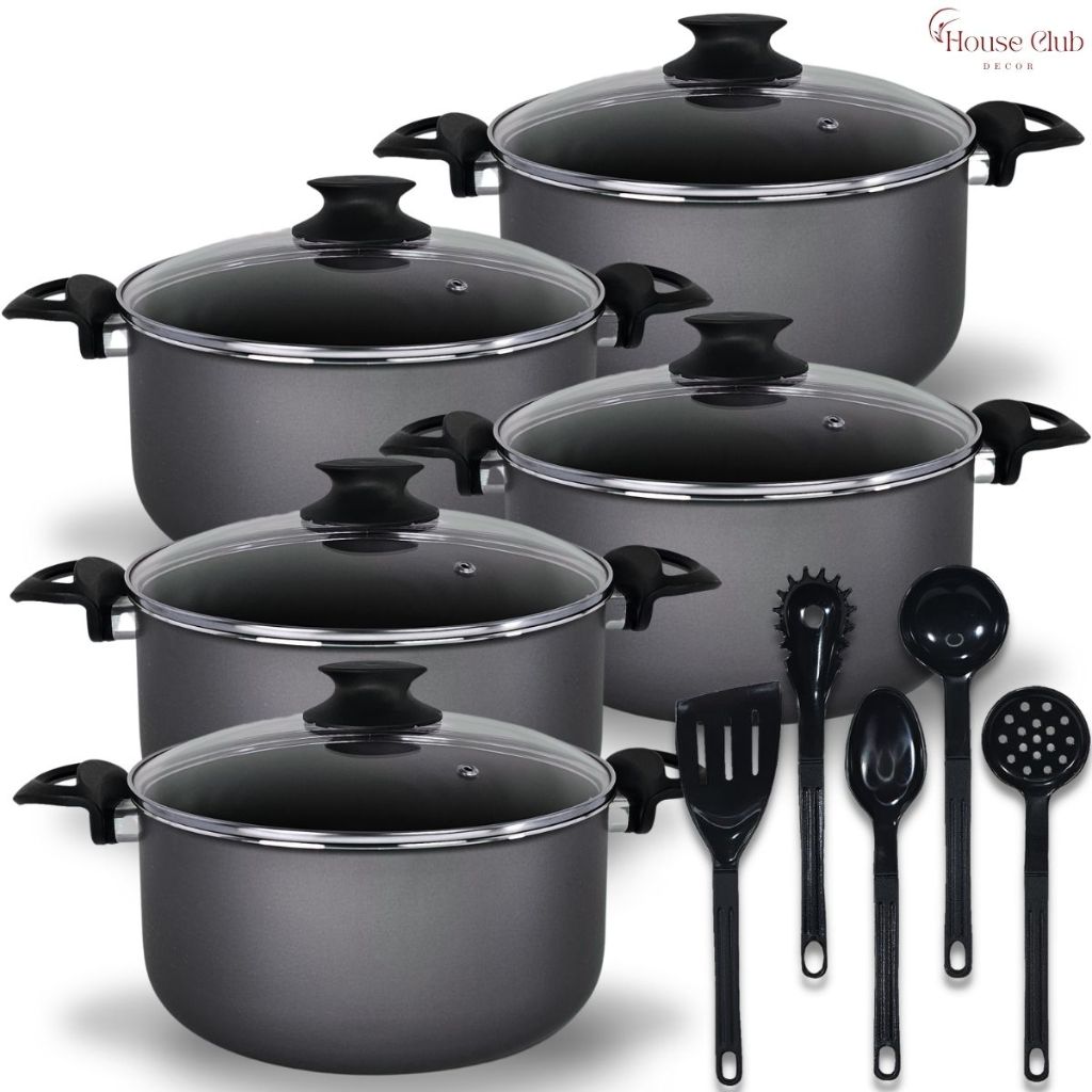 Jogo De Panelas Plus 10 Peças - O Queridinho Caçarolas 16 a 24 cm Antiaderente Teflon com Tampa de Vidro Preto Grafite