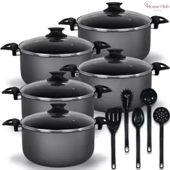 Jogo De Panelas Plus 10 Peças - O Queridinho Caçarolas 16 a 24 cm Antiaderente Teflon com Tampa de Vidro Preto Grafite