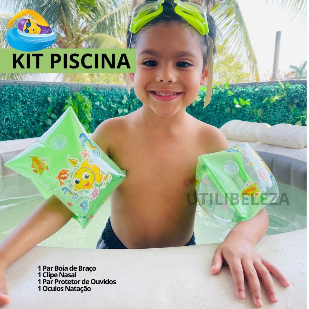 Kit 04 peças de Piscina Infantil Óculos de Mergulho Boia de Braço Protetor Nasal Protetor de Ouvidos