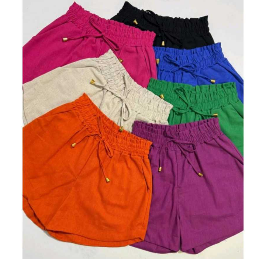 Shorts Linho Feminino Com Elástico Na Cintura Bolso Lateral
