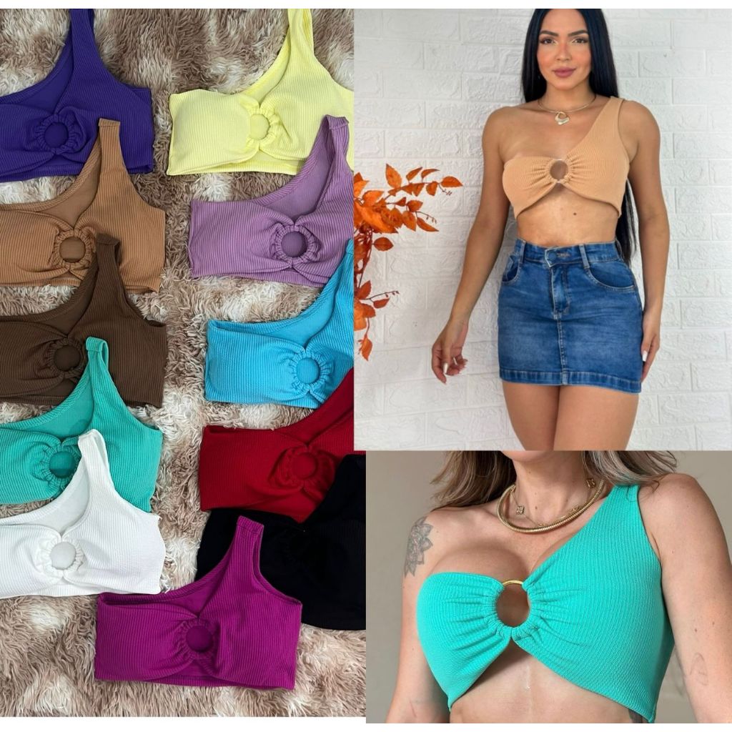 Cropped Feminino Com Bojo Um Ombro Só Decote Argola Top Com Bojo