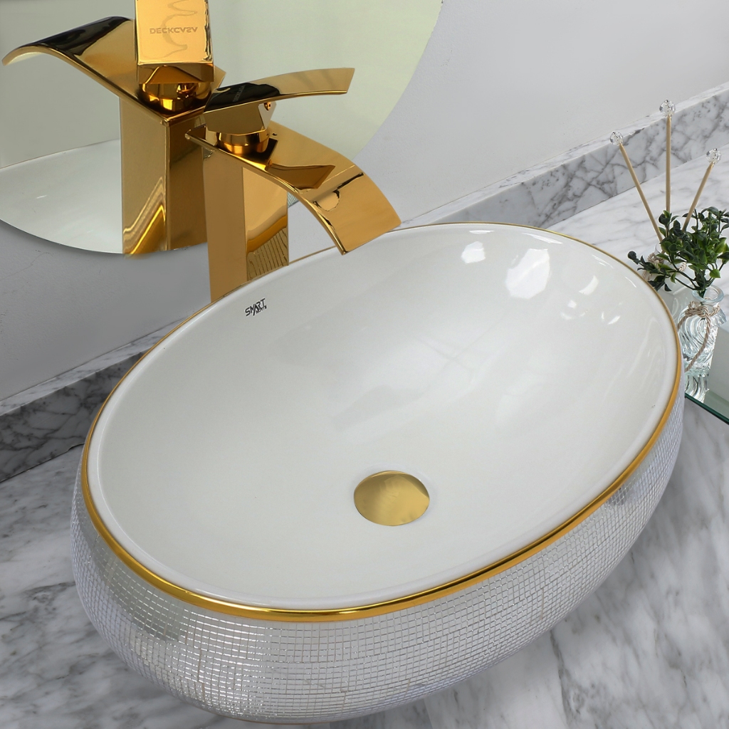 Kit Cuba Pia Louca Ceramica Banheiro Com Torneira e Válvula Dourada 52
