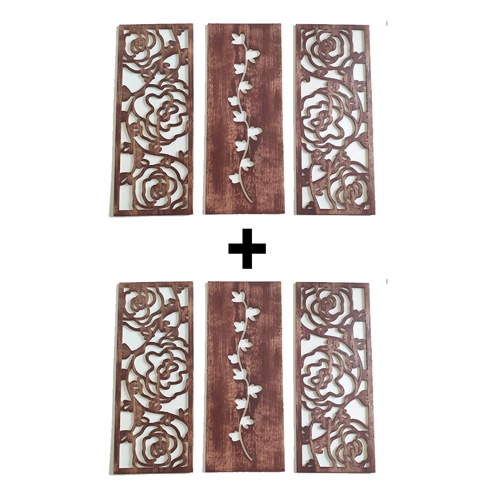 Combo kit com 2 Trios (6 Peças) de Quadros Decorativos Vazados em estilo floral marrom barroco - Decoração Rústica