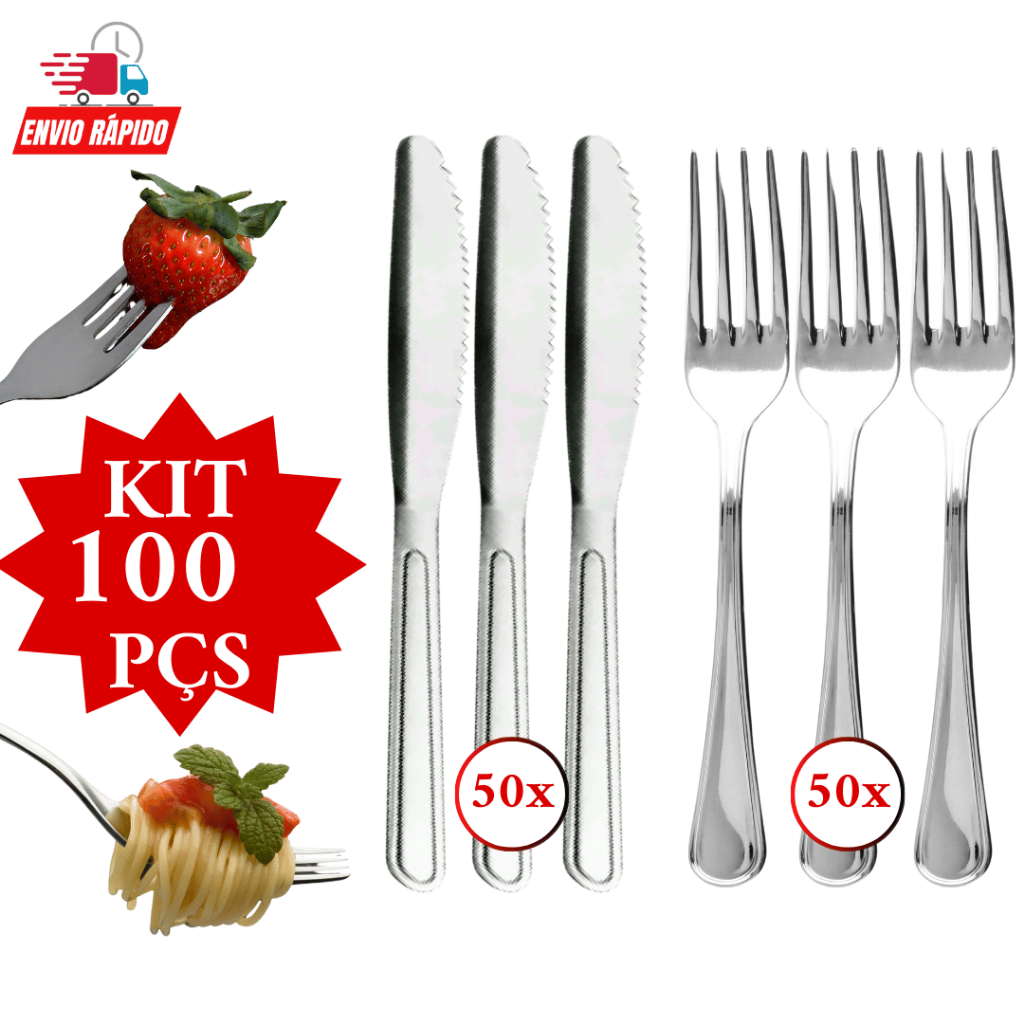 Kit Jogo 100 Talheres de Mesa Churrasco Jantar Almoço Refeição em Inox 50 Garfos 50 Facas para Cozinha Restaurantes