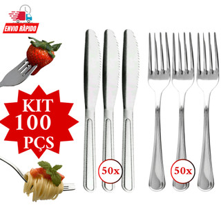 Kit Jogo 100 Talheres de Mesa Churrasco Jantar Almoço Refeição em Inox 50 Garfos 50 Facas para Cozinha Restaurantes