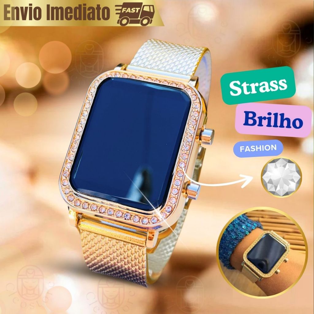 Relógio Feminio Digital Brilho Led Pulseira Resina Com Strass