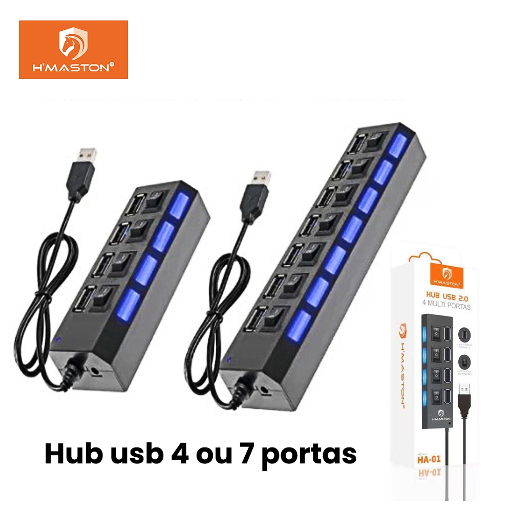 Hub Usb 2.0 Extensão Elétrica 4 ou 7 Portas Régua Pc Notebook Mac 480mbps H'maston HA-01/02