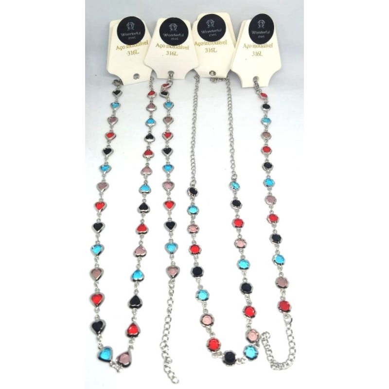 Colar feminino chocker aço inox 316L legítimo hipoalergênico com pedras coloridas ou kit colar + pulseira